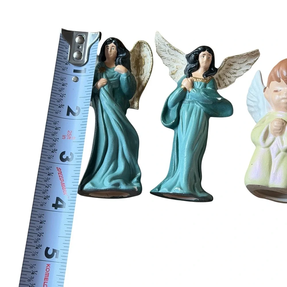 Vintage Angel Figurine Set Teal Gold Ceramic Cherub Iridescent Christmas Decor